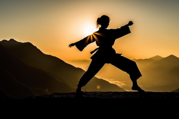 Foto mujer practicando artes marciales en la cima de una montaña ia generativa