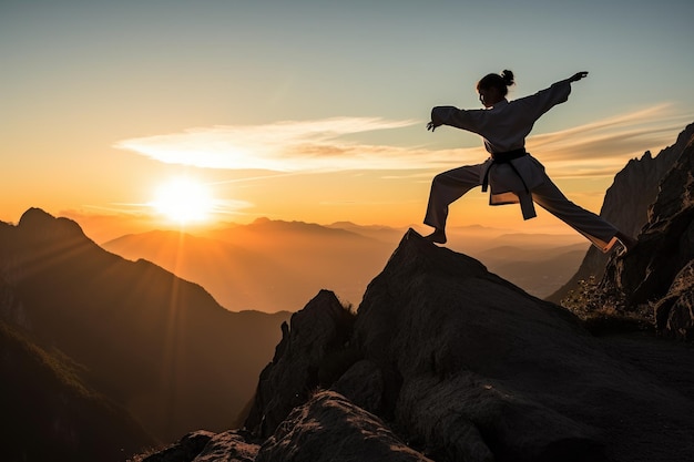 Mujer practicando artes marciales en la cima de una montaña IA generativa