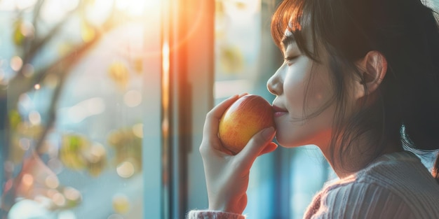 Una mujer practicando la atención plena mientras come una pieza de fruta centrándose en el momento presente