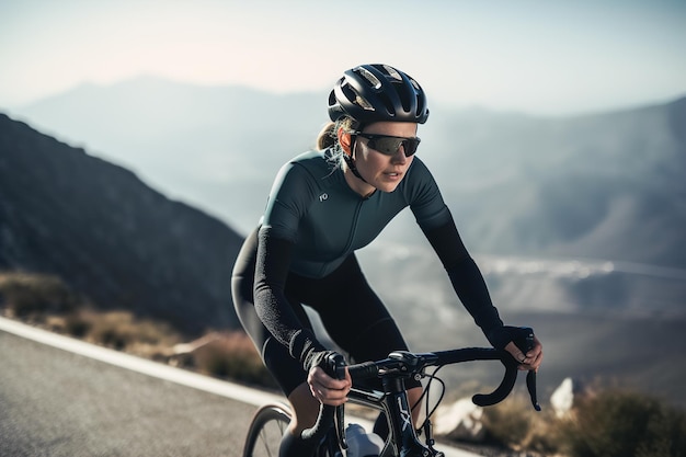Mujer practicando deportes andando en bicicleta en las montañas usando un casco de bicicleta seguro