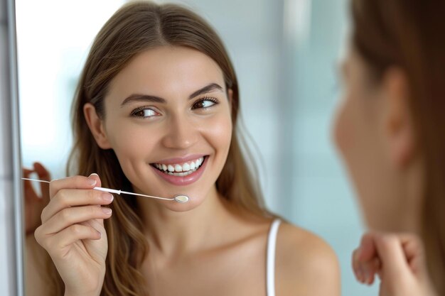 Mujer practicando la higiene dental en el hogar