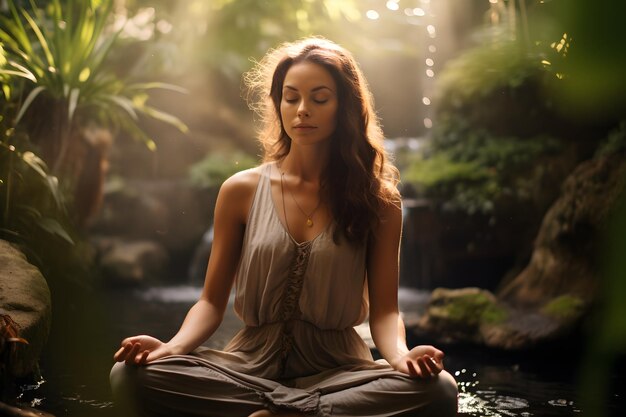 Mujer practicando meditación de atención plena en un entorno natural sereno para la salud mental y el selfc