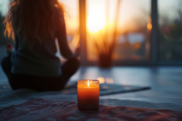 Mujer practicando meditación en el fondo borroso con vista frontal de una vela perfumada IA generativa