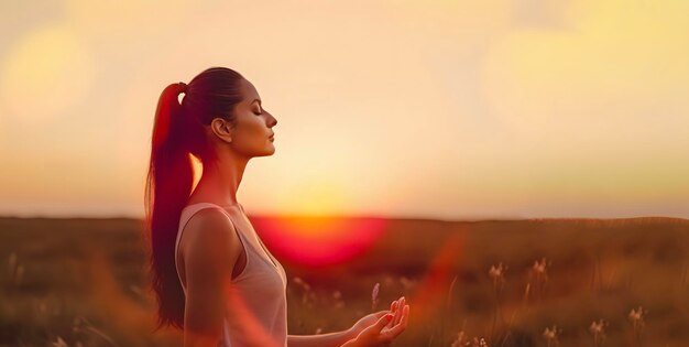 Mujer practicando la meditación en la hora de la puesta del sol copia el espacio ai generado