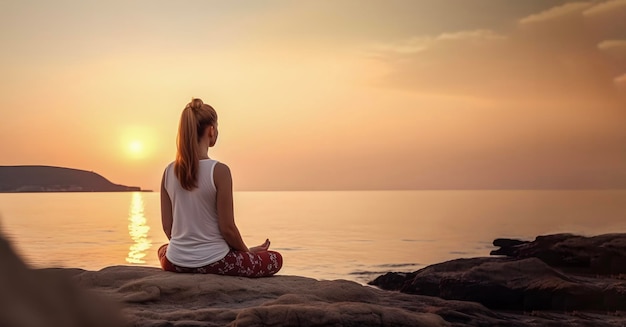 Mujer practicando la meditación en la hora de la puesta del sol por la playa generada por la IA