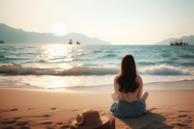 Mujer practicando yoga al amanecer en la playa