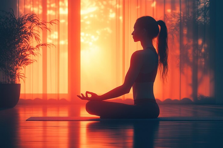 Mujer practicando yoga al amanecer