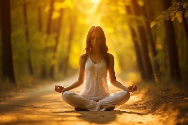 Mujer practicando yoga en un camino sereno del bosque