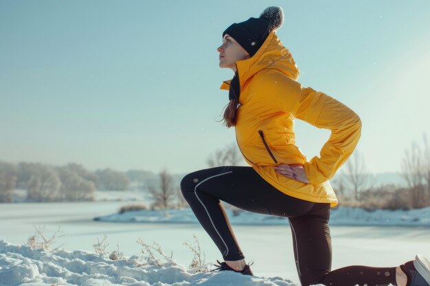 mujer practicando yoga y ejercicios de equilibrio en las montañas de invierno y disfrutando de la vida Copia el espacio vacío para el texto