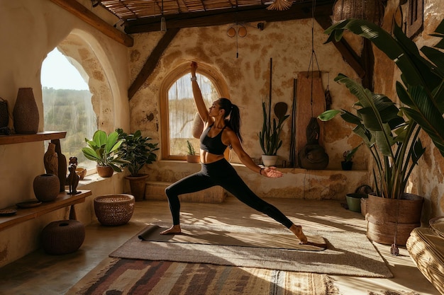 Mujer practicando yoga en el interior de una casa rústica