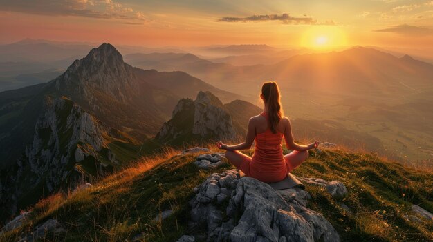 Mujer practicando yoga en las montañas en la cálida luz del atardecer vista trasera