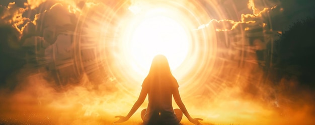 Mujer practicando yoga en la naturaleza sintiendo el poder del universo y abriendo su mente