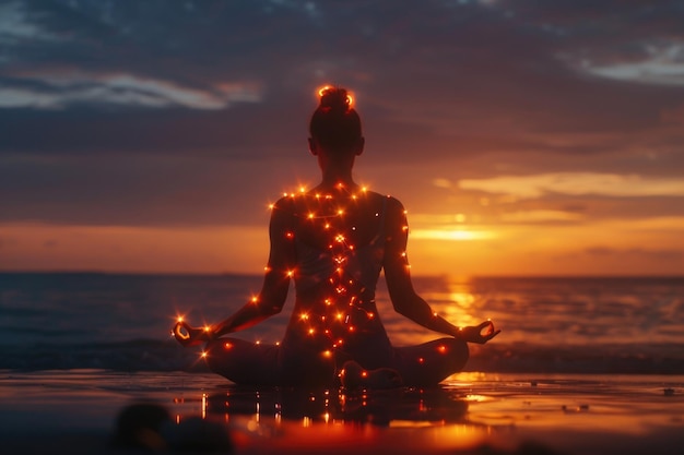 Mujer practicando yoga en la playa al atardecer chakras brillantes