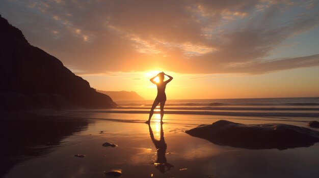 Foto una mujer practicando yoga en la playa al atardecer.