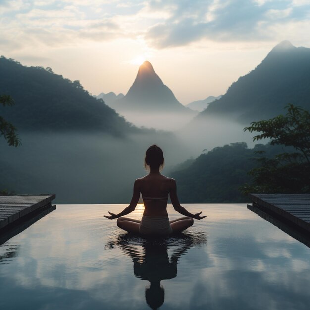 Mujer practicando yoga postura de loto en la piscina por encima del pico de la montaña por la mañana