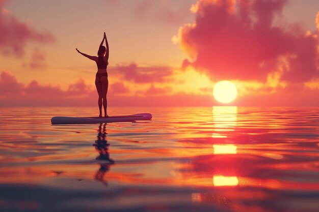 Foto mujer practicando yoga en una tabla de paddle al amanecer