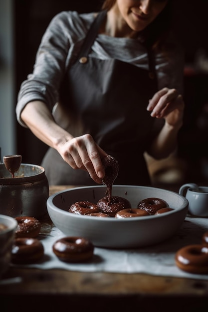 Una mujer prepara donas en una cocina.