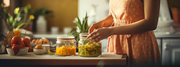 Una mujer prepara un jugo saludable en la mesa de la cocina