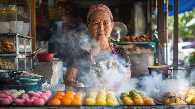 mujer preparando auténticos postres tailandeses como Khanom Chan y Thong Yip conocidos por sus intrincados sabores y colores vibrantes