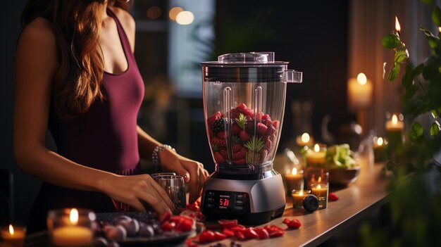 Mujer preparando batido de frutas con licuadora