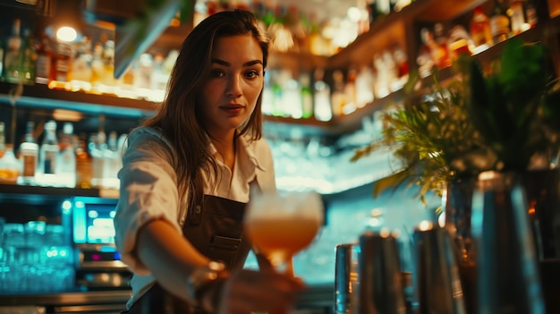 Mujer preparando una bebida en un mostrador de bar Día de la Mujer