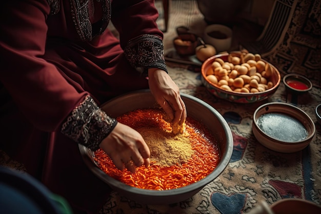 Una mujer preparando comida en un cuenco en una mesa Generativo Ai