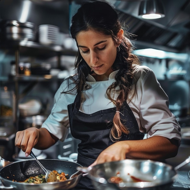 Foto una mujer preparando comida en una sartén ideal para conceptos culinarios o de cocina