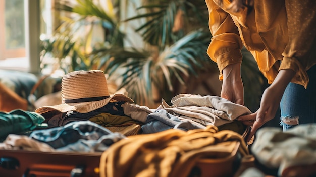 Mujer preparando y doblando ropa en una maleta Concepto de vacaciones y viajes
