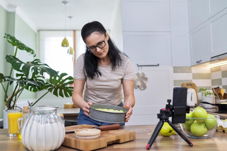 Foto mujer preparando pastel de manzana en casa en la cocina con un teléfono inteligente usando una videollamada