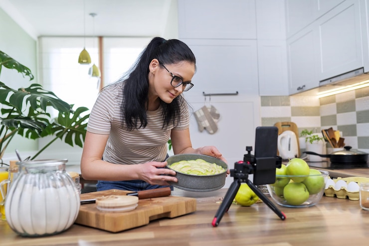 Foto mujer preparando pastel de manzana en casa en la cocina con un teléfono inteligente usando una videollamada