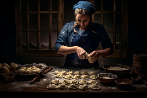 una mujer preparando ravioli al estilo de viñetas oscuras y de mal humor