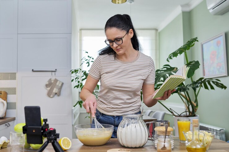 Foto mujer preparando tarta de manzana en casa en la cocina hablando en línea mediante videollamada