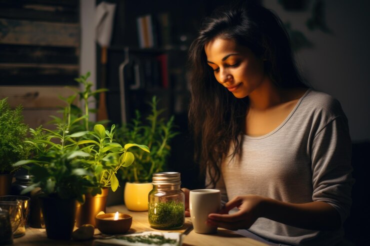 Mujer preparando una taza de té de hierbas para antes de acostarse