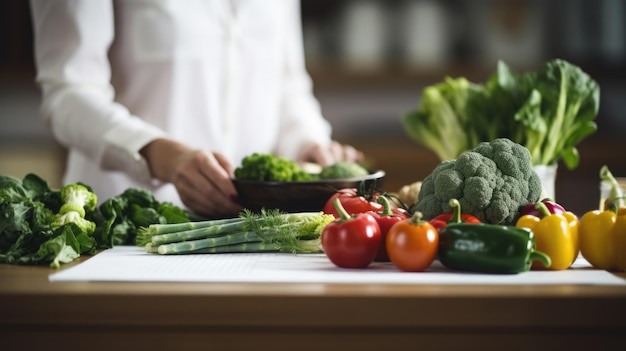 La mujer se prescribe un plan de dieta con verduras repartidas en la mesa de la cocina