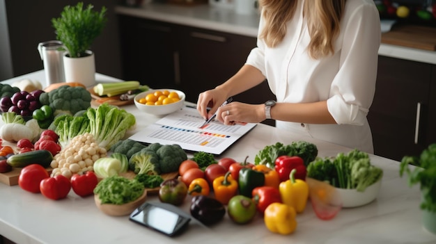 La mujer se prescribe un plan de dieta con verduras repartidas en la mesa de la cocina