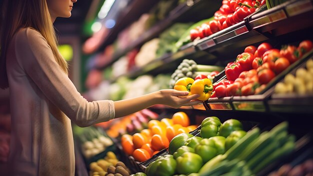 Mujer de primer plano comprando verduras y frutas en una tienda de supermercado Generative Ai