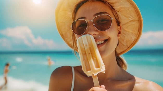 Mujer de primer plano con gafas de sol comiendo un helado mirando a la cámara en una playa en vacaciones de verano