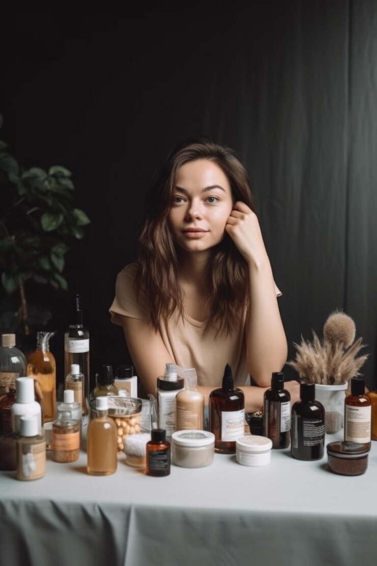 mujer con productos para el cuidado del cabello en la mesa creada con AI generativa
