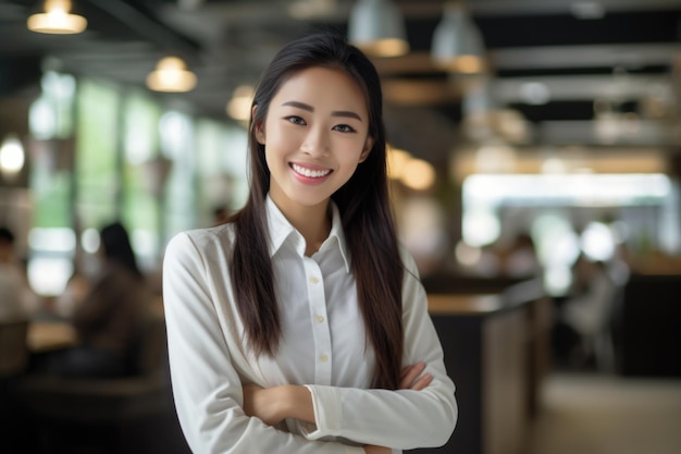 Una mujer profesional asiática muestra confianza en su elegante vestido blanco formal mientras sonríe