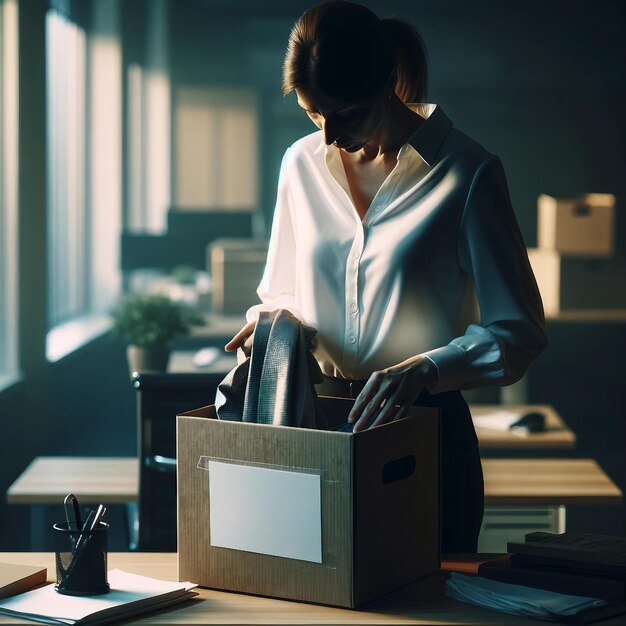 Foto mujer profesional empaque de pertenencias de oficina transición de carrera