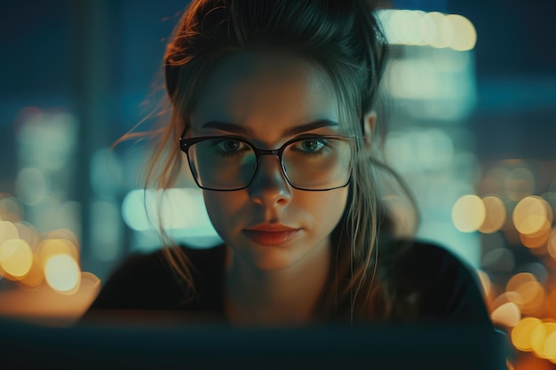 Mujer profesional enfocada con gafas absorta en el trabajo de la computadora portátil