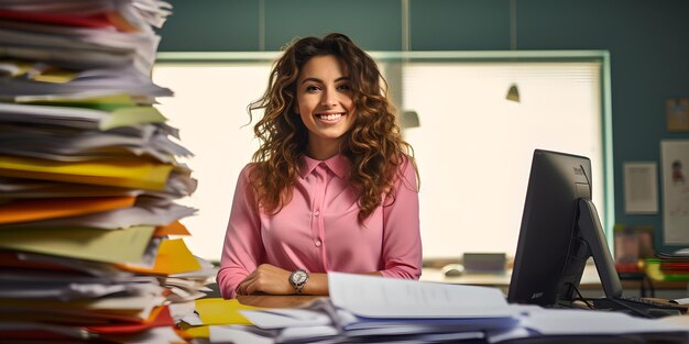 Mujer profesional en el escritorio con una sonrisa en medio de la inmensa papeleo vida de oficina conceptualizada tema de alta carga de trabajo IA