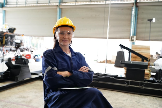Mujer profesional joven de fábrica industrial que trabaja en la fábrica de plantas de fabricación