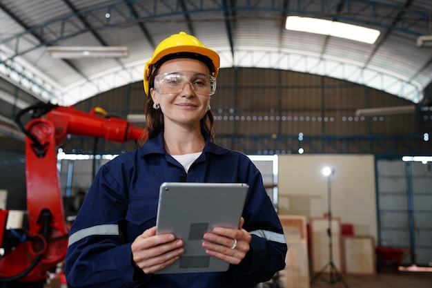 Foto mujer profesional joven de fábrica industrial que trabaja en la fábrica de plantas de fabricación