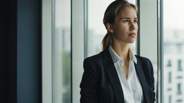 Mujer profesional mirando por la ventana perdida en sus pensamientos concentrados