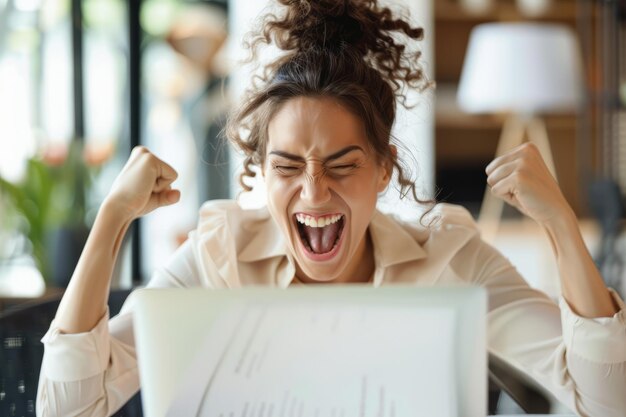 Foto una mujer profesional muy feliz expresa su felicidad mientras trabaja en su portátil en la sala de juntas de la oficina su sonrisa contagiosa