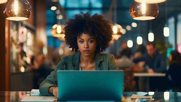 Foto mujer profesional negra trabajando en una computadora portátil