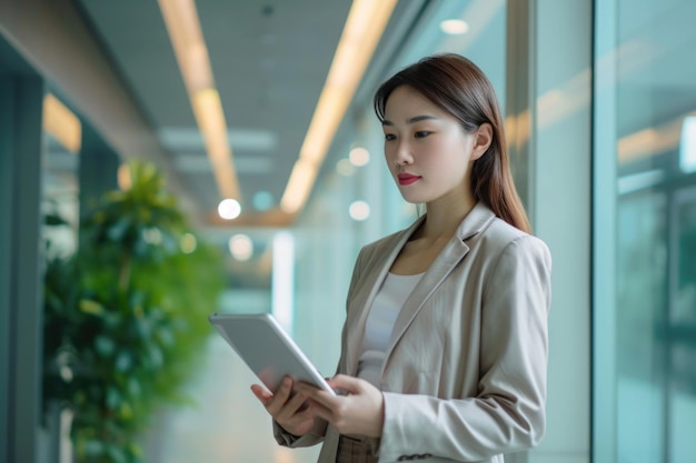 Mujer profesional ocupada usando una tableta digital en la oficina