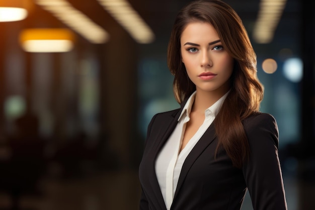 Una mujer profesional segura y poco convencional abrazando su naturaleza desviada en un entorno corporativo