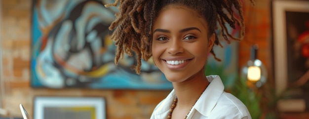 Una mujer profesional sonriente con dreadlocks